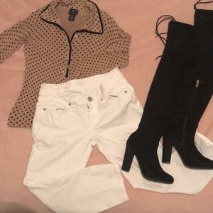 Small top, white denim crop, knee high heel boots
